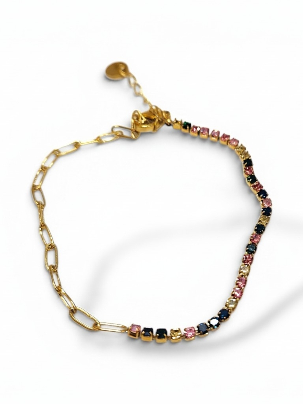 Gold Stainless Steel Multicolor Crystal Chain Bracelet - Women Jewelry